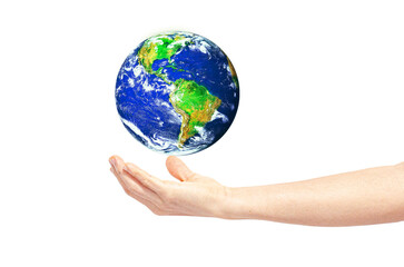 Earth on man hand isolate on transparent background. . Environmental protection concept. Elements of this image furnished by NASA.