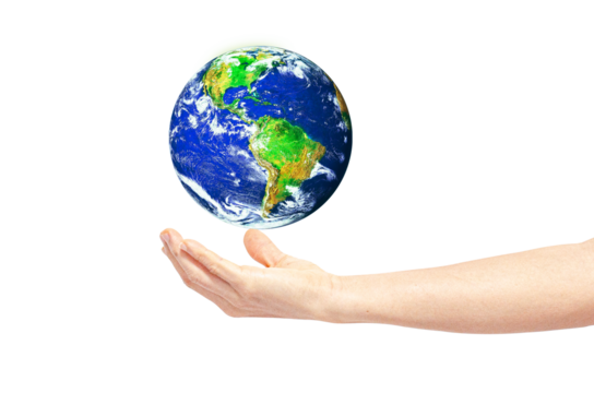 Earth on man hand isolate on transparent background. . Environmental protection concept. Elements of this image furnished by NASA.