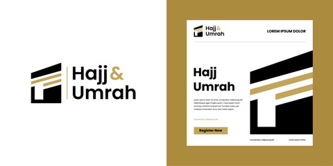 Hajj umrah for tour travel in kaaba saudi arabia, Logo icon design sign vector with brochure background, People pray traveling to mecca Al Haram for mabrour muslims, Symbol travel agency arabic makkah