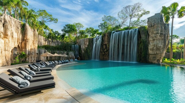 Luxury tropical waterfall pool with lounge chairs