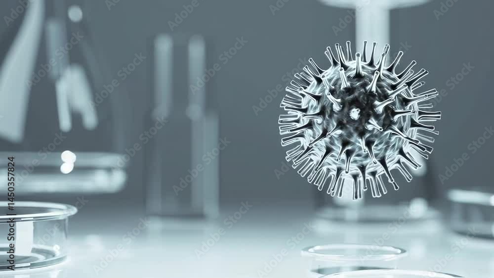 Poster laboratory glassware surrounds a transparent, computer generated virus model, providing a detailed v