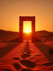 A striking desert scene featuring a stone archway illuminated by a vibrant sunset's glow and shadows.