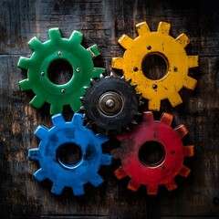 Colorful gears on dark wooden background