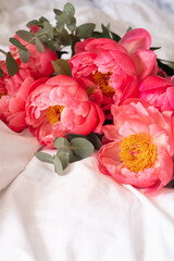 Bouquet of stylish peonies close-up. Pink peony flowers. Close-up of flower petals. Floral greeting card or wallpaper. Delicate abstract floral pastel background. Card Concept, copy space for text 
