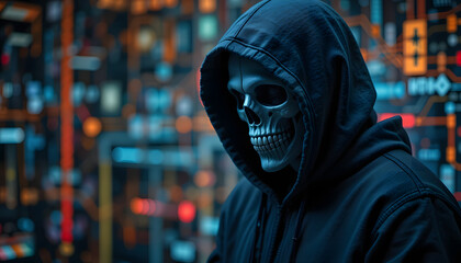 anonymous hacker wearing hoodie and wearing scary mask with blurred data network background. Cybercrime theme. Digital network. Cyber hacking. Technology