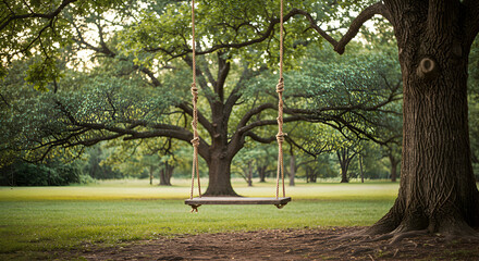 Vintage Wooden Swing Suspended From a Majestic Oak Tree On a Summer Day