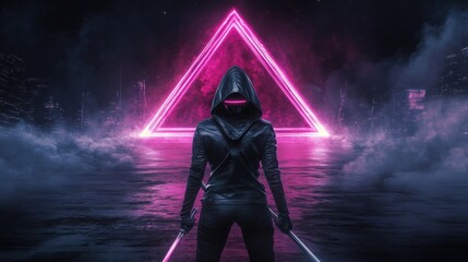 Obraz premium Futuristic warrior with glowing sword and triangle