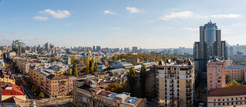 High-angle view capturing the diverse architecture of Kyiv, Ukraine.