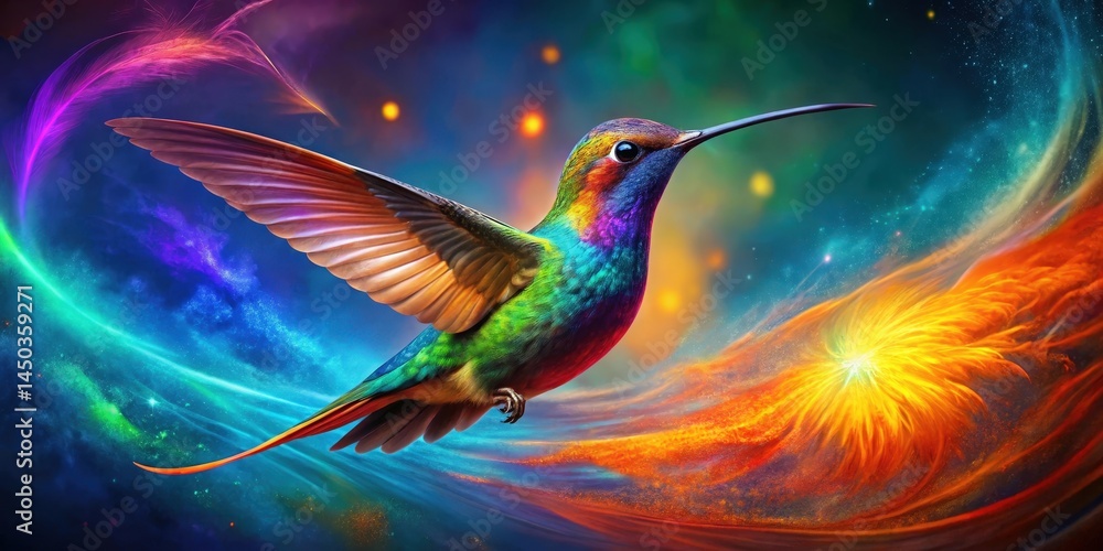 Poster a vibrant hummingbird soars through a swirling cosmic canvas, its iridescent feathers reflecting the