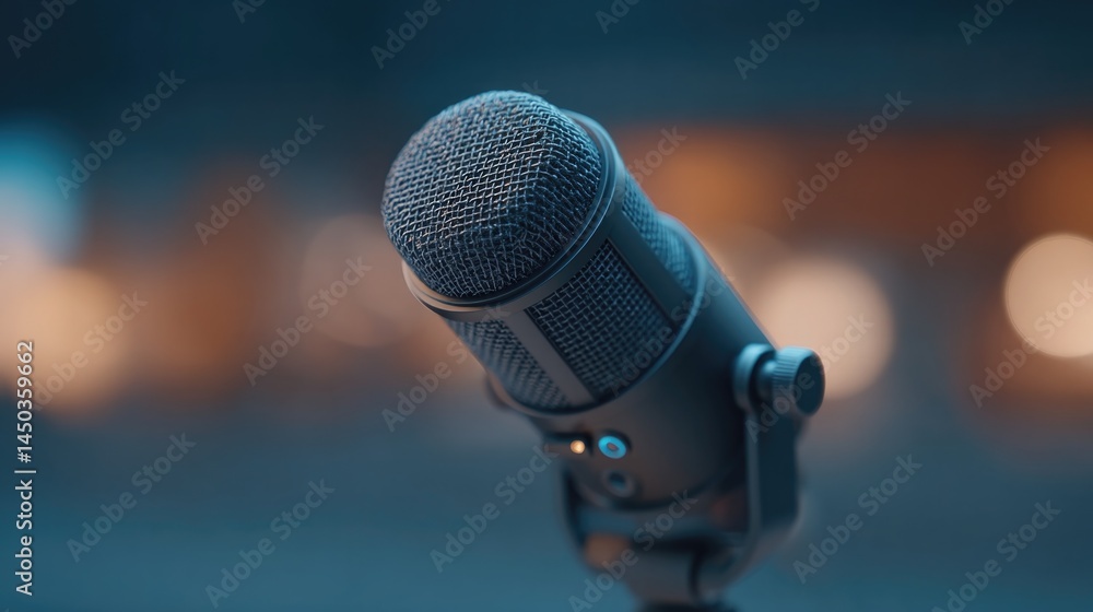 Poster capture close-up shot of content creator filming with camera and microphone while blurred background