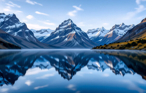 Serene mountain lake reflecting snow-capped peaks under a partly cloudy sky.  Misty morning adds to the tranquil atmosphere. - Powered by Adobe
