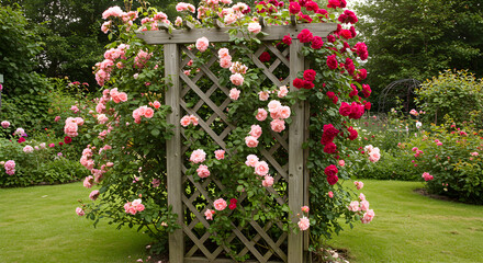 Obraz premium Blooming Roses Adorning Wooden Trellis in Lush Green Garden Setting