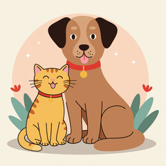  Playful dog and cat duo sitting together in a cheerful flat design style vector art