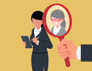 Business security concept. Expert looks through magnifying glass at corporate spy hiding inside businesswoman