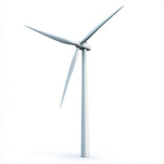 A single wind turbine with three blades stands isolated on a white background.