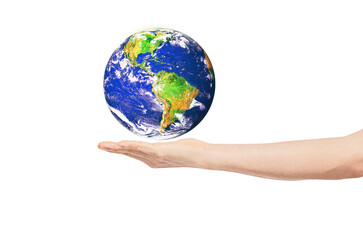 Earth on man hand isolate on transparent background. Environmental protection concept. Elements of this image furnished by NASA.
