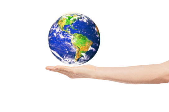 Earth on man hand isolate on transparent background. Environmental protection concept. Elements of this image furnished by NASA.