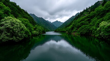 Fototapeta premium Serene Mountain Lake Reflection Lush Green Valley.