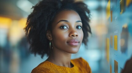 Confident Woman Exploring Innovative Concepts on Futuristic Interface