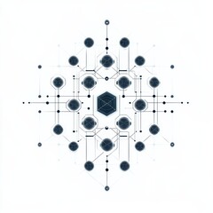 Geometric digital network pattern with interconnected nodes and a central hexagonal structure on a white background.