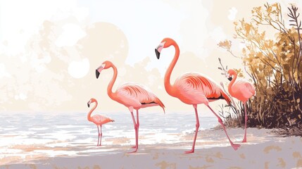 Pink flamingos near a tranquil shore, a serene scene.