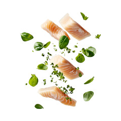 Thinly sliced fish fillets pieces of greenery flying in air isolated on transparent background