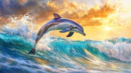 Majestic dolphin leaps over a vibrant ocean wave.