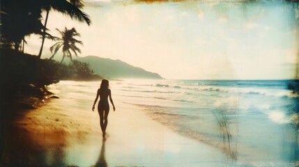 Silhouetted figure strolling along a tropical beach at sunset.