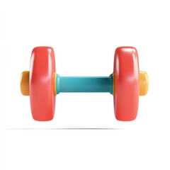 Obraz premium Colorful toy dumbbell with red weights, blue handle, and yellow accents on a white background.