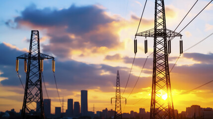 Electricity pylons silhouetted against vibrant sunset, showcasing electrical grid in urban landscape. scene evokes sense of energy and connection