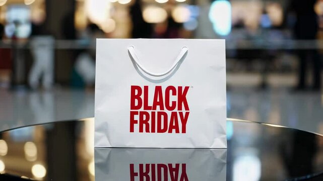 Black friday shopping bag displaying dark branded logo placed on reflective glass, highlighting retail energy and consumer purchasing anticipation during seasonal shopping event