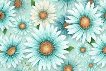 Fototapeta premium Hand-painted seamless sunflower pattern with soft aqua blue petals and seafoam green leaves. 