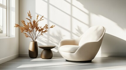 Fototapeta premium Modern, sunlit room's relaxing armchair and vase arrangement.