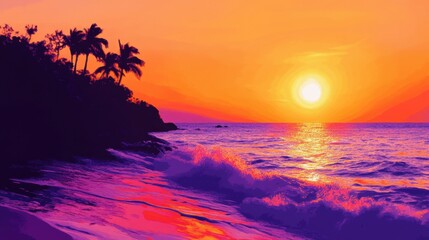 Vibrant sunset over a tropical coastline.