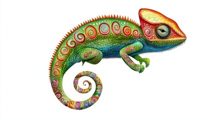 Obraz premium A vibrantly colored, intricately patterned chameleon illustration with swirling designs and detailed textures on a white background.