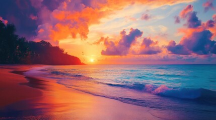 Vibrant sunset over tropical shoreline.