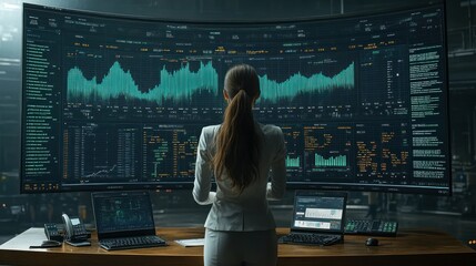 Female analyst examines complex financial data on a massive curved screen
