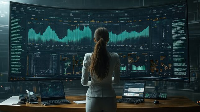 Female analyst examines complex financial data on a massive curved screen
