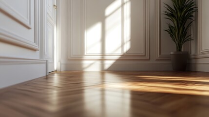 Obraz premium Interior corner view with sunlight and polished wood floor.