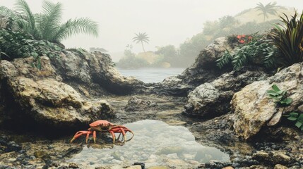 Misty coastal scene with crab and tropical plants.