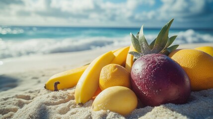 Colorful fruits piled on a sandy beach.