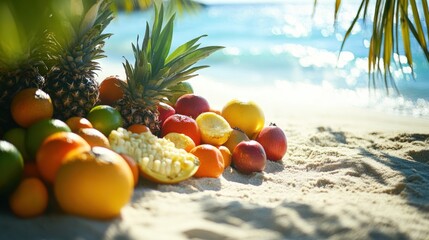 Colorful tropical fruit display on a sandy beach.