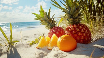 Tropical fruits on a sandy beach scene.