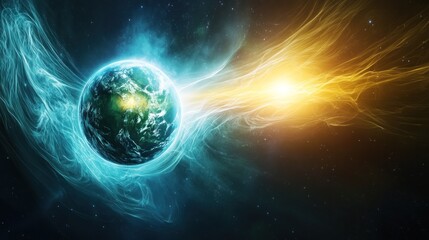 Obraz premium Earth engulfed in cosmic energy streams, blue and gold light.
