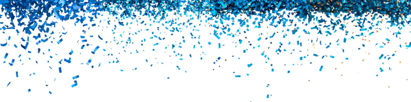 Vibrant blue confetti bursting through the frame.