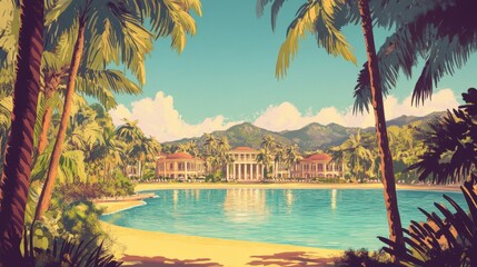 Tropical resort complex, a serene idyllic scene, framed by palm trees.