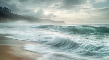 A tranquil coastal scene with dramatic waves at dawn.