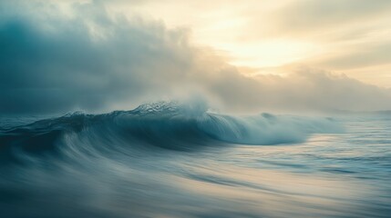 Dramatic ocean waves at sunrise, painted in soft hues.