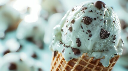 Mint chocolate chip ice cream cone melting