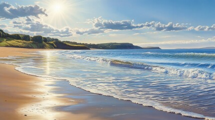 Sunny coastal scene with light reflecting on the shore.